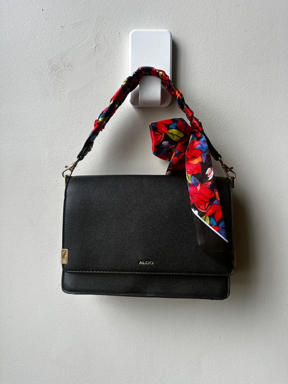 ALDO Black Structured Shoulder Bag Floral Scarf Handle Gold Tone Crossbody Purse